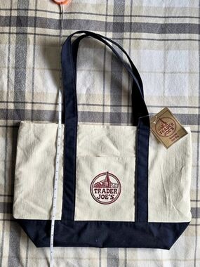 Trader Joe's Large Reusable Canvas Tote Bag Blue & Cream